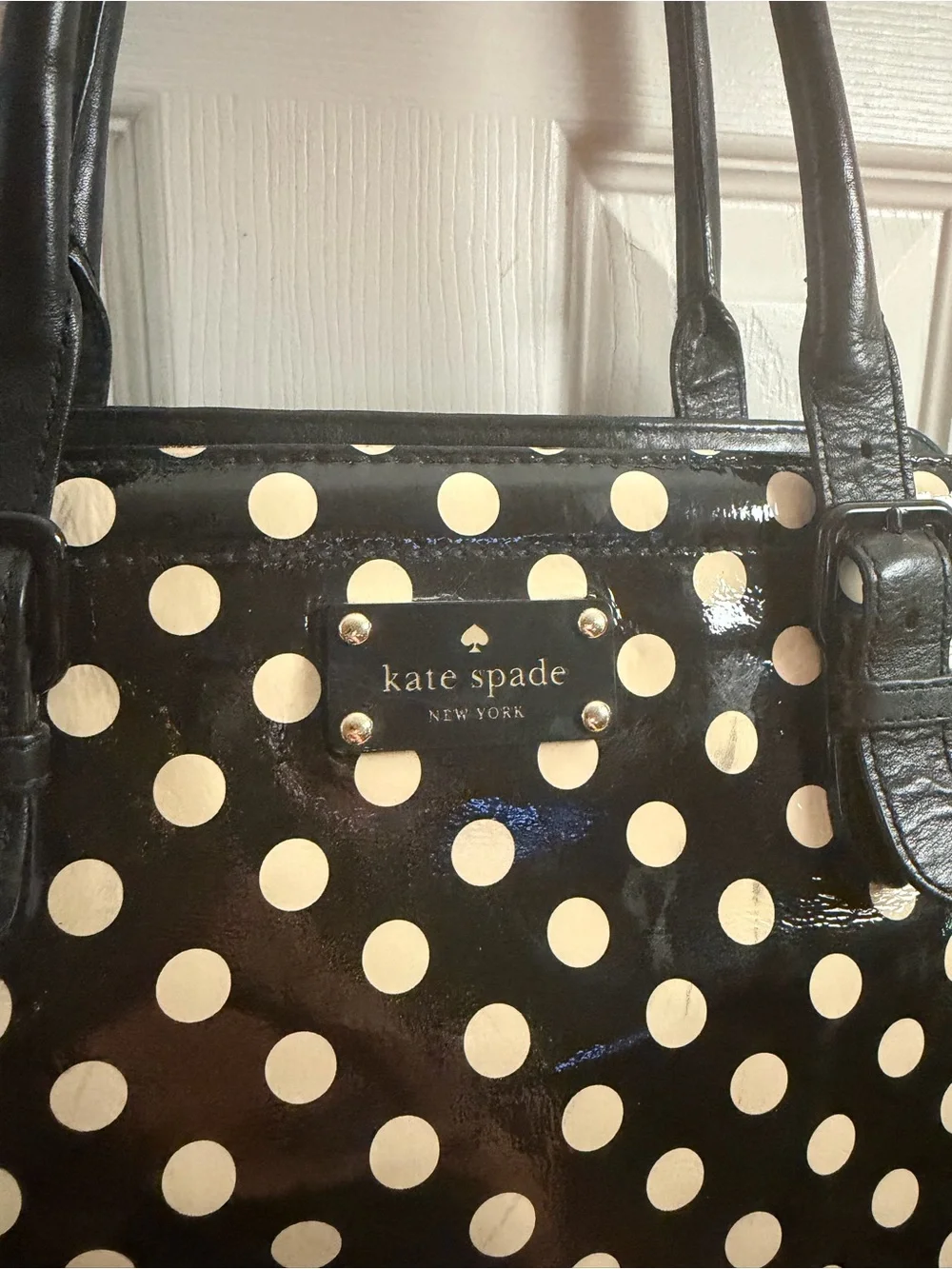 kate spade Black and Cream Polka Dot Patent Tote Bag